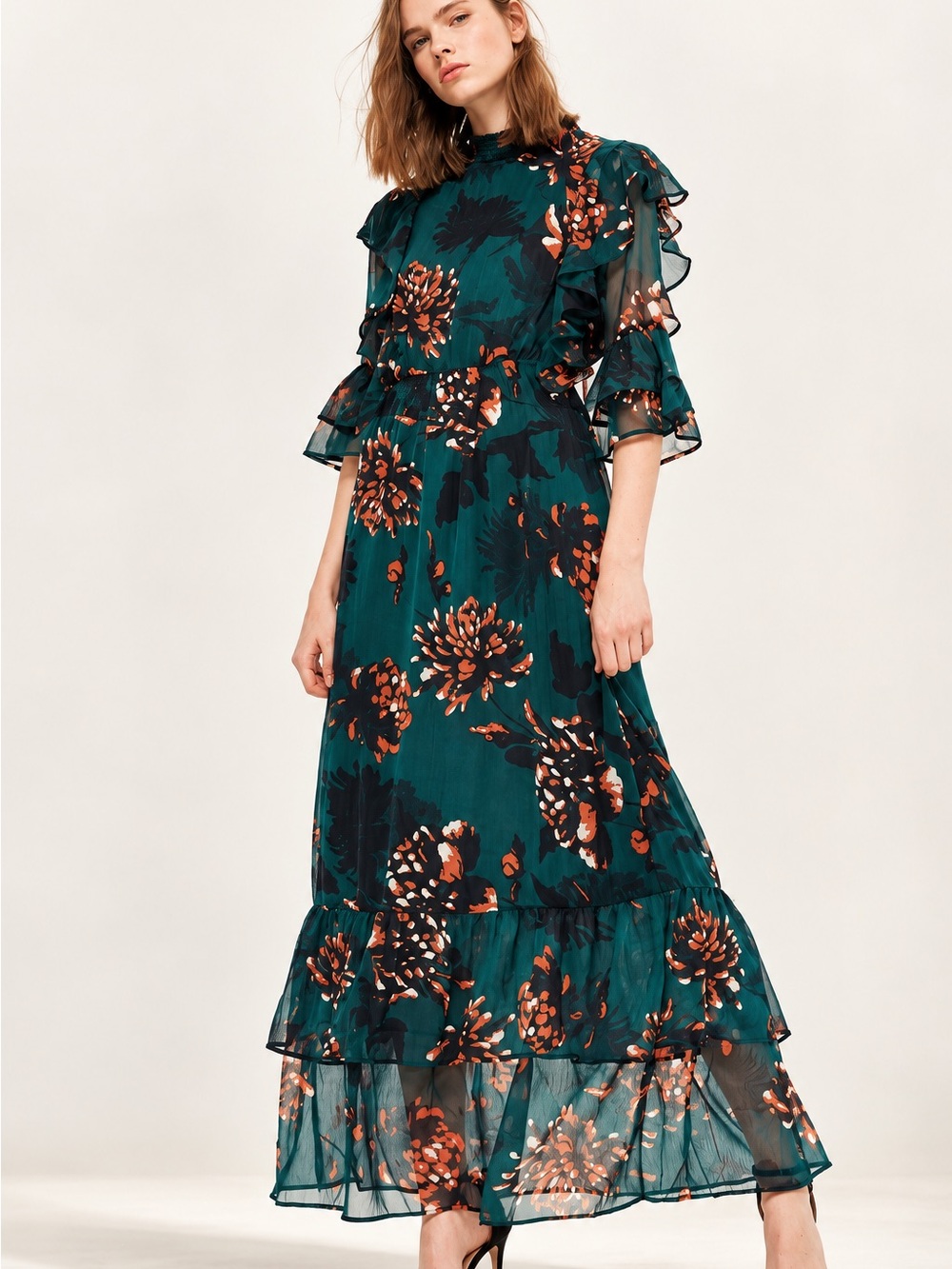 Y.A.S. Teal Floral Ruffle Maxi Dress Size S Sheer Sleeve Romantic Boho